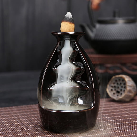 BOKYAN Ceramic Backflow Incense Burner, Zen Waterfall Lotus Leaf Censer Holder for Home Decor Office, Black (4.3 x 2.6 inches / 11 x 6.5 cm)