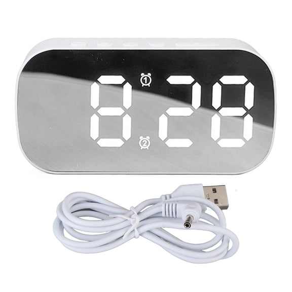 BOKYAN Compact LED Mirror Alarm Clock 5 Brightness Levels, Night Mode, Dual Display (Time/Date/Temp), 2 Custom Alarms, Sleek White Design
