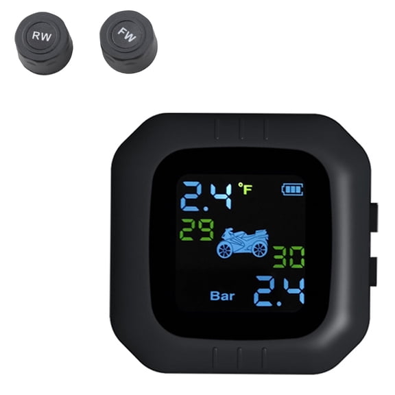 BOKYAN Cordless Motorcycle Tire Pressure Monitoring System with 2 External Sensors, Universal Fit Digital TPMS Display, Real-time Auto Alarm Gauge, 1.89 inches / 48 mm, Black