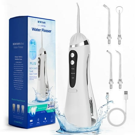 Bokyan Water Flosser for Teeth, cordless 200 ML Portable Electric Flossing Cleaner Rechargeable, Dental Hygiene, White