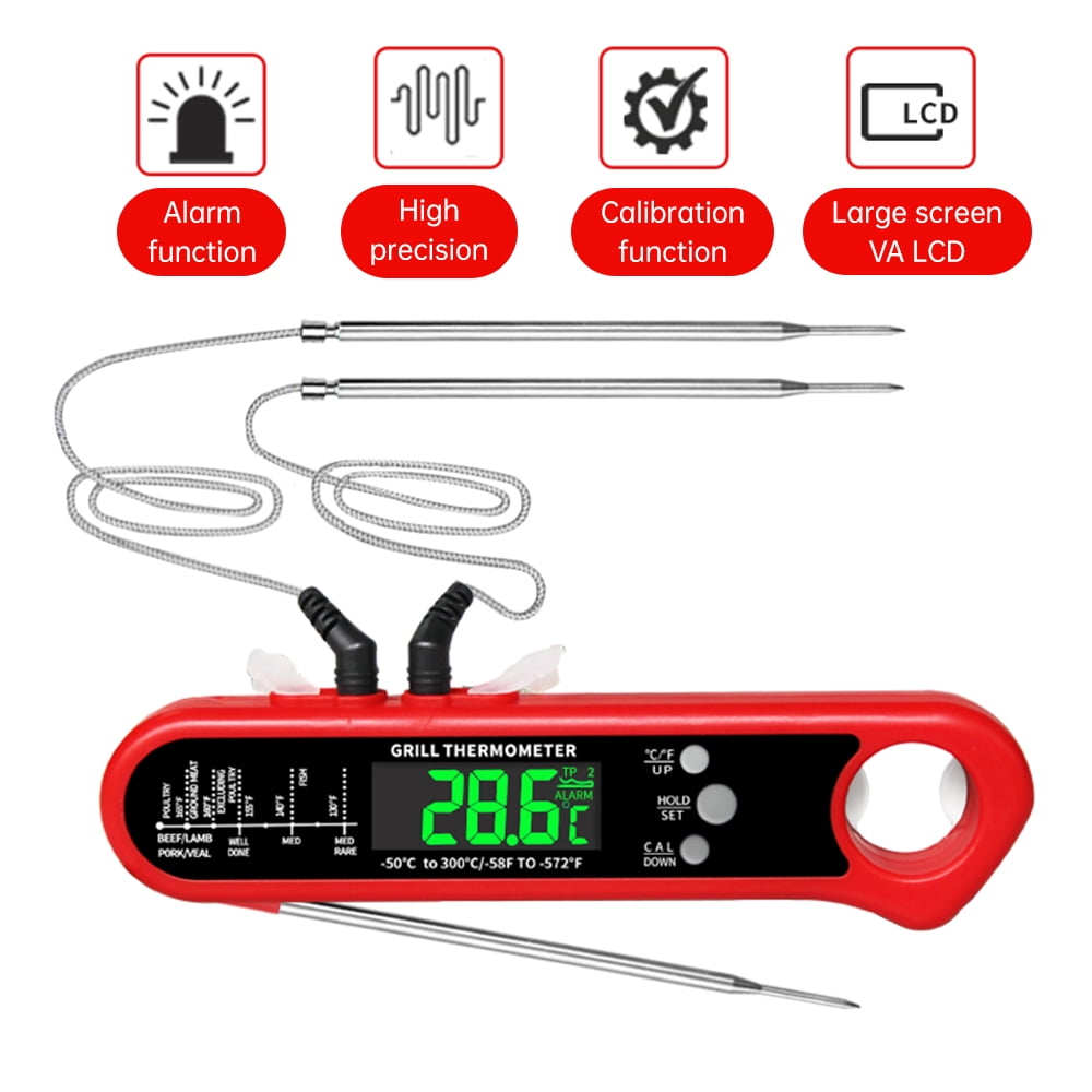 BOKYAN Digital Meat Thermometer for Cooking 2-3s Instant Read Food Thermometer with Dual Probes Backlight LCD and Bottle Opener for Kitchen BBQ Grill Smoker Deep Fryer Baking Red 6.3 inches