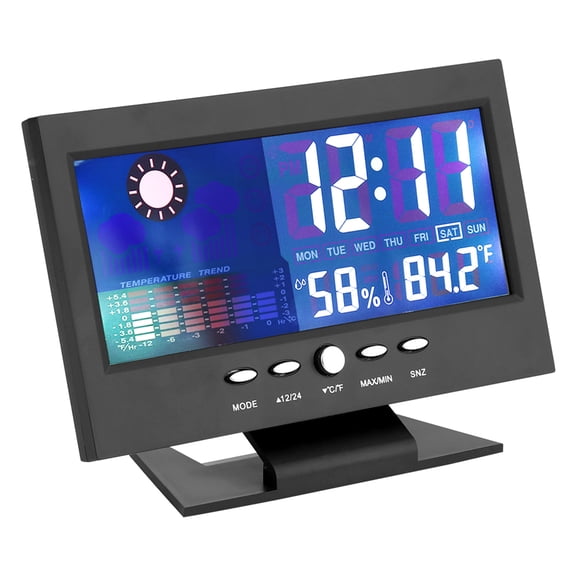 BOKYAN Digital Temperature Humidity Meter Clock, Weather Forecasts Calendar with Alarm & Comfort Level Monitor, 12/24H Display, Black, 6.3 inches / 16 cm