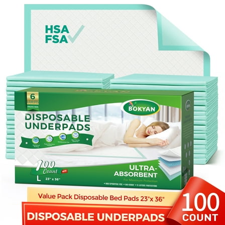 BOKYAN Disposable Underpads 23 x 36, 100 Count Bed Pads for Incontinence Unisex Large Maximum Absorbency Underpad