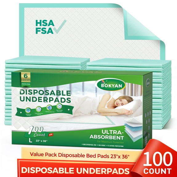 BOKYAN Disposable Underpads 23 x 36, 100 Count Bed Pads for Incontinence Unisex Large Maximum Absorbency Underpad