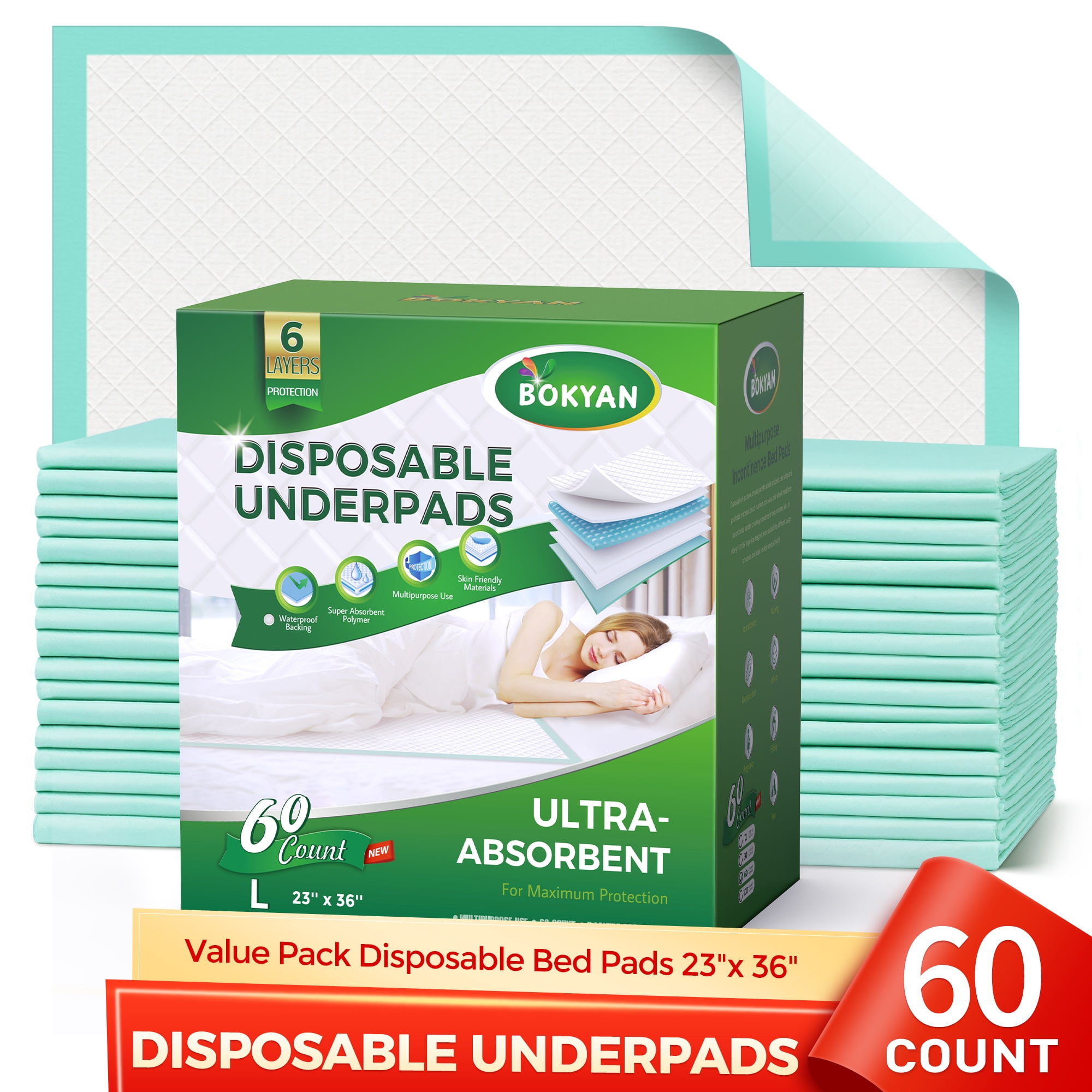 BOKYAN Disposable Underpads, 23 x 36 Disposable Incontinence Bed Pads for Adults, Puppy Pads, 60 Count