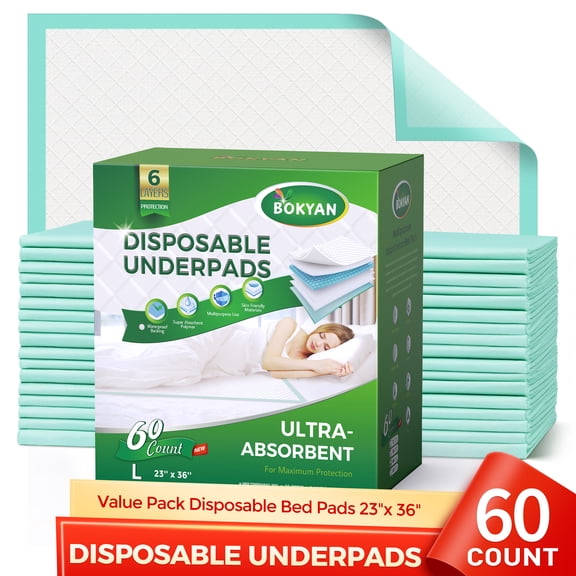 BOKYAN Disposable Underpads, 23 x 36 Disposable Incontinence Bed Pads for Adults, Puppy Pads, 60 Count