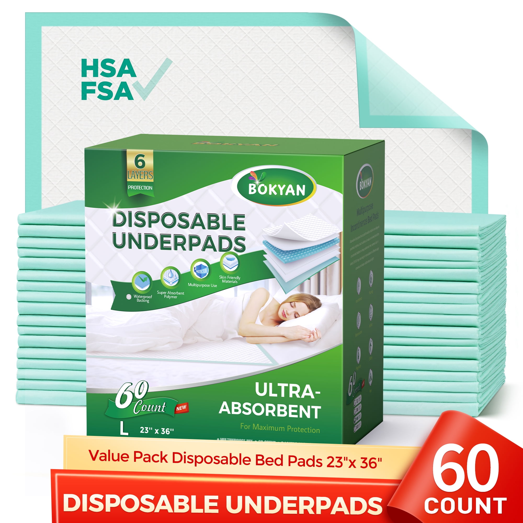 BOKYAN Disposable Underpads, 23 x 36 Disposable Incontinence Bed Pads for Adults, Puppy Pads, 60 Count