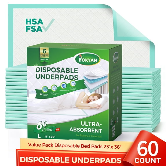 BOKYAN Disposable Underpads, 23 x 36 Disposable Incontinence Bed Pads for Adults, Puppy Pads, 60 Count