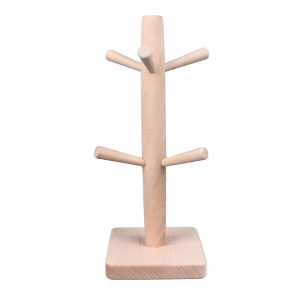BOKYAN EcoWood Cup Tree Rack 6Hook Weighted Base, SpaceSaving Kitchen Stand for Mugs, Tea Cups & Small Items