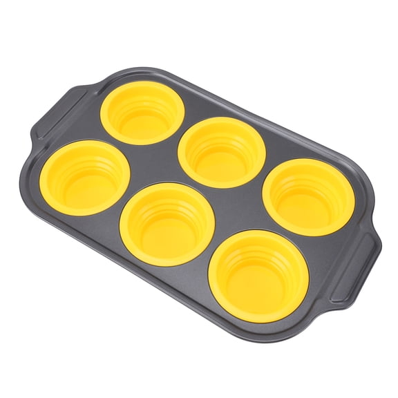 BOKYAN Foldable Press Type Silicone 6 Cupcake Baking Tray Cake Maker Easy Release Muffin Pan for Home Kitchen Baking Essentials Non-Stick Tool Yellow