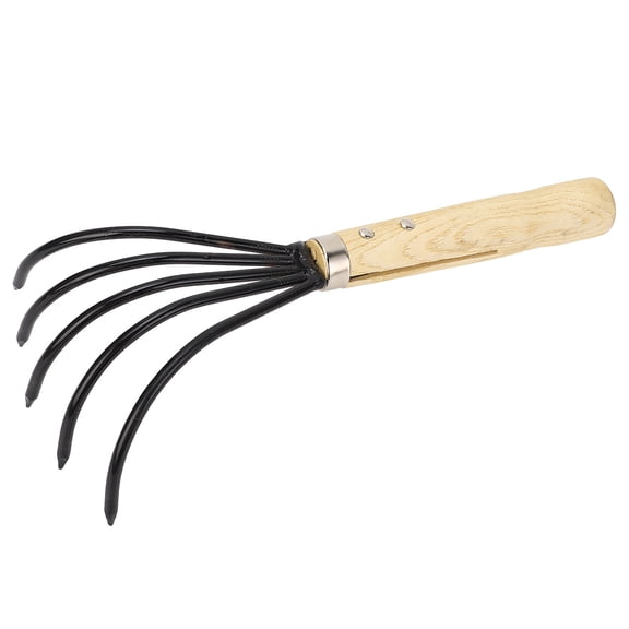 BOKYAN Garden Hand Rake 5 Steel Tines Wooden Handle Ergonomic Claw Cultivator (10.6 inches / 27 cm)