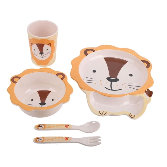 BOKYAN Kids Cartoon Lion Plate Set 1 Plate, 1 Bowl, 1 Cup, 1 Fork & 1 Spoon Separate Food Zones, FoodGrade Melamine, Dishwasher Safe, Ideal for Toddlers