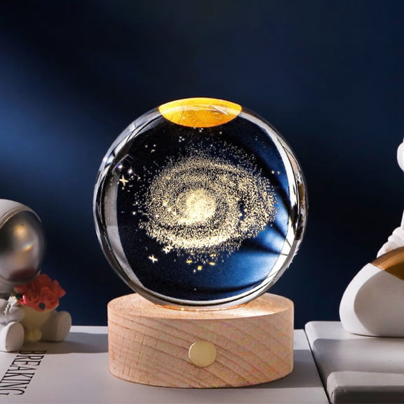 BOKYAN LED 3D Crystal Ball Night Light 3.15 inches / 8 cm Galaxy Engraved Sphere Wooden Base USB Astronomy Decor Warm White