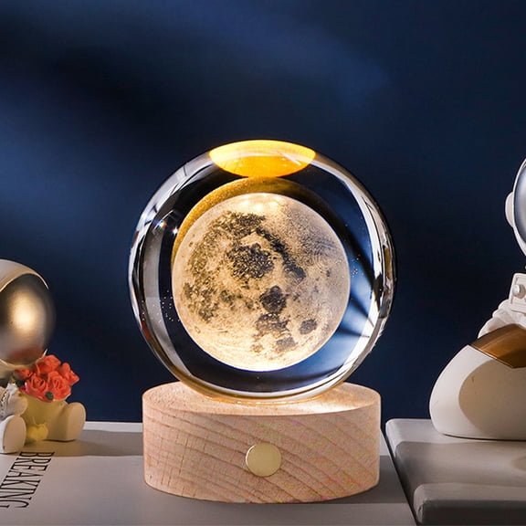 BOKYAN LED 3D Crystal Ball Night Light 3.15 inches / 8 cm Moon Engraved Sphere Wooden Base USB Astronomy Decor Warm White