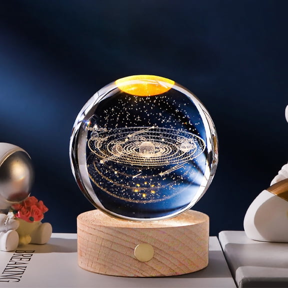 BOKYAN LED 3D Crystal Ball Night Light 3.15 inches / 8 cm Solar System Engraved Sphere Wooden Base USB Astronomy Decor Warm White
