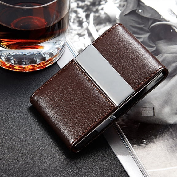 BOKYAN Luxury Stainless Steel Business Card Holder, Professional PU Leather Double Open ID Credit Card Case Organizer (Coffee) - 3.9" x 2.6" x 0.7" / 9.8 x 6.5 x 1.8 cm
