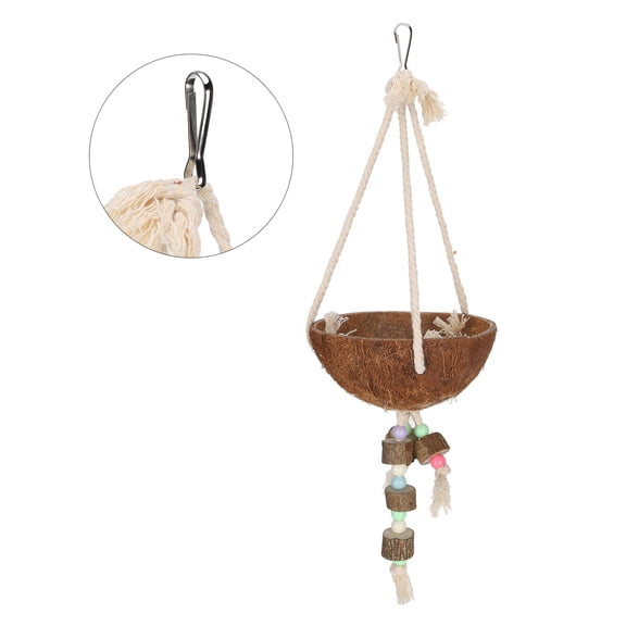 BOKYAN Natural Coconut Shell Hanging Bird Nest Cage with Colorful Beads and Bells, Interactive Swing Biting Toy for Parakeets, Budgies, Cockatiels, Finches, and Small Parrots - 6.30 inches / 16 cm