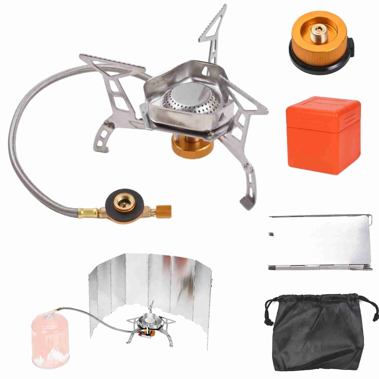 BOKYAN Portable Camping Gas Stove Kit with Windscreen and Adapter, Foldable Outdoor Cooking Stove for Backpacking, Hiking, and Picnics, Lightweight (17 cm / 6.7 inches)