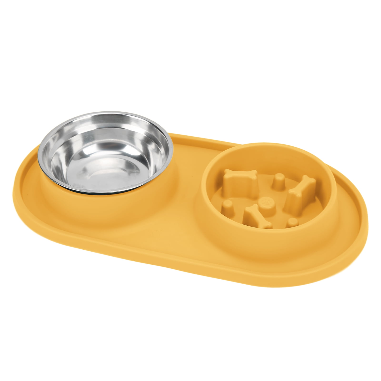 BOKYAN Silicone Slow Feeder Dog Bowl Set Double Pet Bowls with Stainless Steel Water Bowl Anti-Skid Removable Tray for Dogs and Cats Yellow