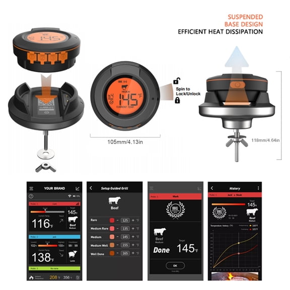 BOKYAN Smart Wireless Meat Thermometer with 2 Probes, Bluetooth 4.2 App Control BBQ Grill Thermometer, IP64 Waterproof Digital Food Temperature Probe for Smoker Oven Turkey Beef, Black