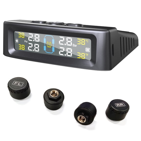 BOKYAN Solar Tire Pressure Monitoring System with Voice Alarm, 4 External Sensors, Digital Display 0-72.5 PSI / 0-5 BAR for Car SUV Off-Road