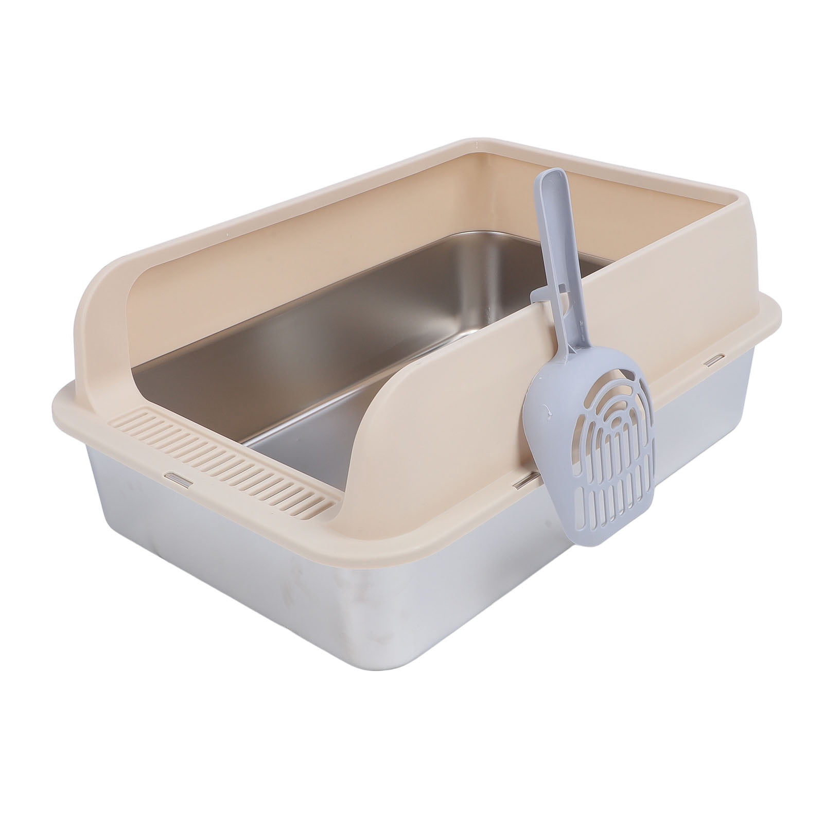 BOKYAN Stainless Steel Cat Litter Box Anti Splashing High Sided Metal Kitty Tray with Scoop for Indoor Cats Beige Large 19.7 x 13.8 x 9.8 inches / 50 x 35 x 25 cm
