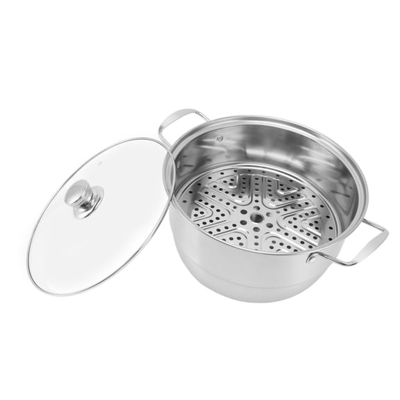 BOKYAN Stainless Steel Steam Pot 11 inches / 28 cm Multipurpose Thickened Double Layers Steaming Cookware with Glass Lid for Home Kitchen