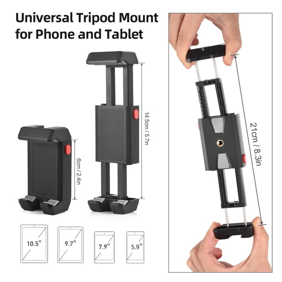 BOKYAN Universal Tripod Mount for Phone and Tablet Adjustable Holder Clamp with Cold Shoe Mount Dual 1/4 Inch Screw Holes Replacement for iPad iPhone Series Compact Lightweight Black