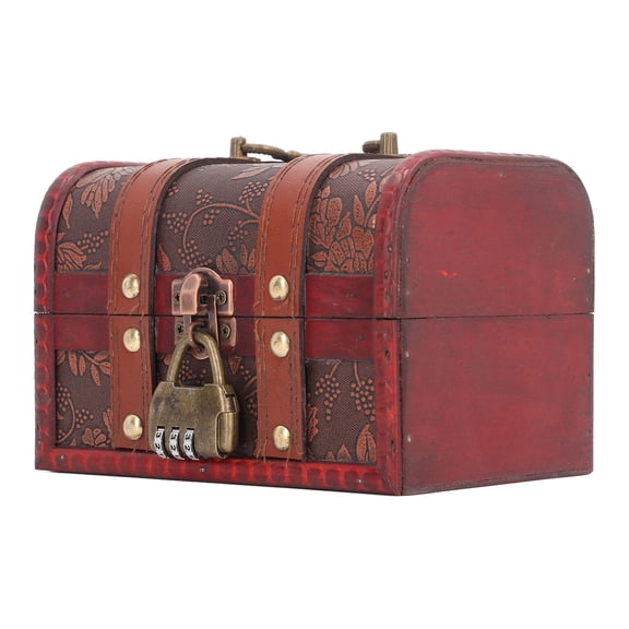BOKYAN Vintage Wooden Treasure Storage Chest Box with Coded Lock, Large Capacity Desktop Jewelry Organizer Container for Home Decor Window Display Props (6.3 x 4.7 x 4.3 inches / 16 x 12 x 11 cm)