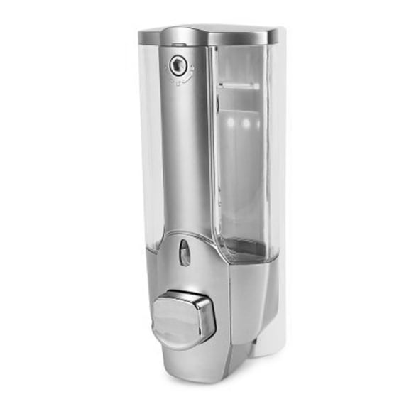 BOKYAN Wall Mounted Soap Dispenser 350ml (11.8 oz) Locking Leakproof Waterproof Manual Hand Soap Liquid Dispenser for Kitchen Bathroom Shower, Satin Silver (3.1 x 3.1 x 7.5 inches / 8 x 8 x 19 cm)