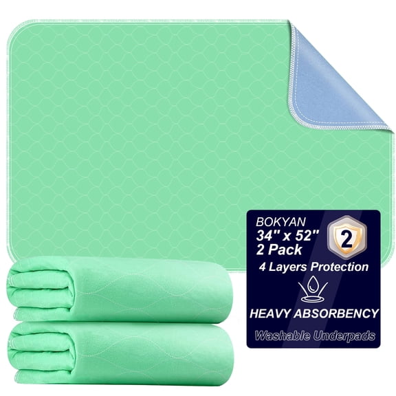 BOKYAN Washable Bed Pads 2 Pack 34"x 52", Reusable Incontinence Underpads with Extra Absorbency for Diaper Changing, Pee Pads, Puppy Pads, Waterproof Floor Protector, Green and Blue