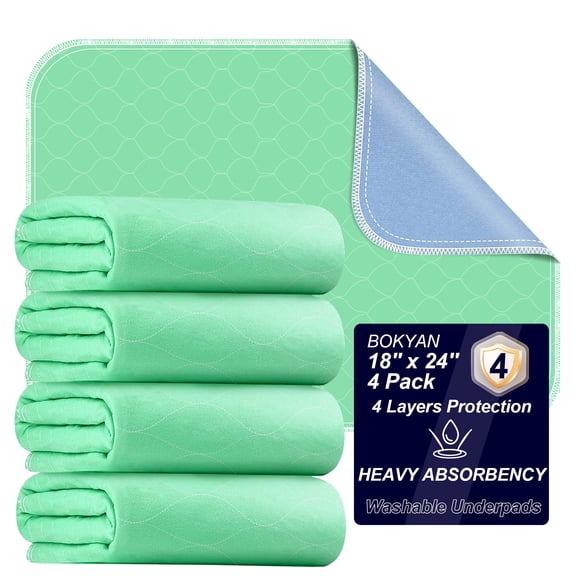 BOKYAN Washable Bed Pads 4 Pack 18"x 24", Reusable Incontinence Underpads with Extra Heavy Absorbency for Diaper Changing, Pee Pads, Puppy Pads, Waterproof Sofa Protector, Green and Blue
