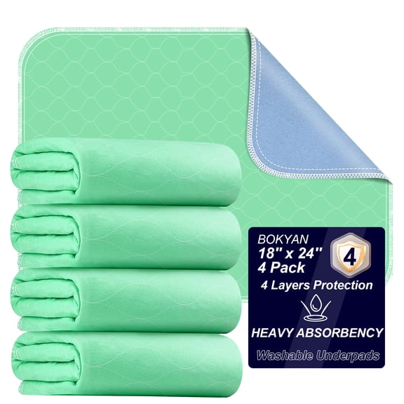 BOKYAN Washable Bed Pads 4 Pack 18"x 24", Reusable Incontinence Underpads with Extra Heavy Absorbency for Diaper Changing, Pee Pads, Puppy Pads, Waterproof Sofa and Floor Protector, Green and Blue