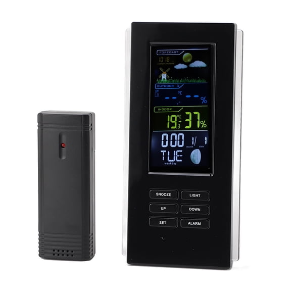 BOKYAN Wireless Weather Forecast Station Indoor Outdoor Thermometer Hygrometer Color Display Digital Alarm Clock Black, 7.48 inches / 19 cm