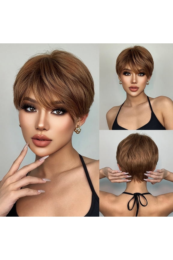 Women's Short Layered Pixie Cut Wig with Bangs, Natural-looking Fluffy Synthetic Hair, Comfortable & Breathable for Daily Party Use, Brown