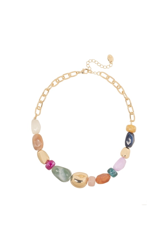 Women's Gold Tone Statement Necklace with Colorful Beads and Chain Detail
