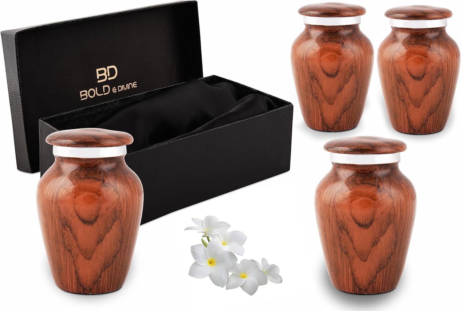 BOLD & DIVINE Wood Grain Keepsake Urn Mini Urns Set of 4 with Premium