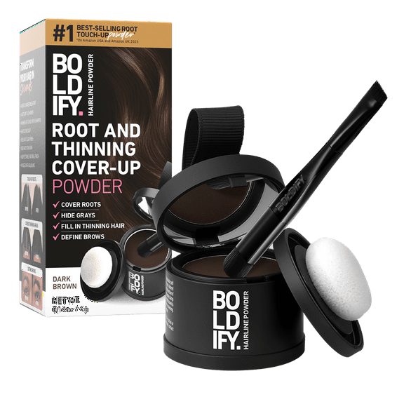 BOLDIFY Root Touch Up Powder with Brush, Covers Thinning Hair & Grays, Water-Resistant, Dark Brown, 4g