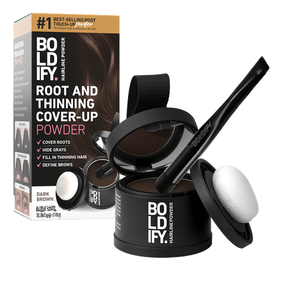 BOLDIFY Root Touch Up Powder with Brush, Covers Thinning Hair & Grays, Water-Resistant, Dark Brown, 4g