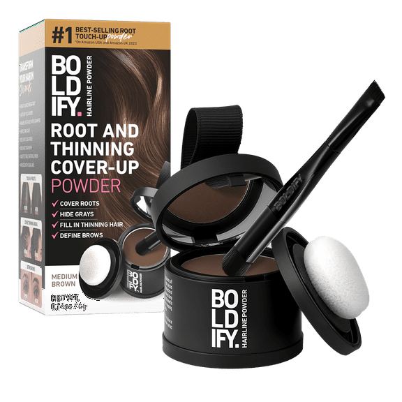 BOLDIFY Root Touch Up Powder with Brush, Covers Thinning Hair & Grays, Water-Resistant, Medium Brown, 4g