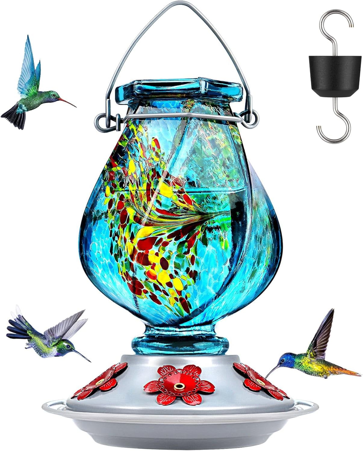Hummingbird Feeder, Hand Blown Glass Hummingbird Feeders for Outdoors Hanging with Ant Moat, 5 Bee-Proof Ports, Leak-Proof, 360° Perch, 22oz, Blue, Gifts for Women Men, Gifts for Mom Dad