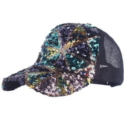 BOLLEY JOSS Sequin Ponytail Baseball Cap for Women Girls Velcro Ponycap Adjustable Mesh Trucker Hat