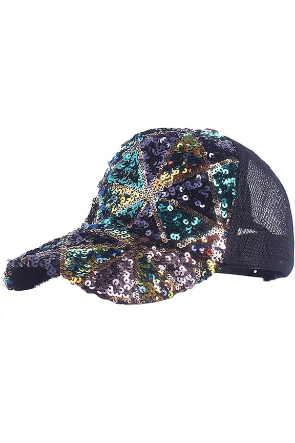 BOLLEY JOSS Sequin Ponytail Baseball Cap for Women Girls Velcro Ponycap Adjustable Mesh Trucker Hat
