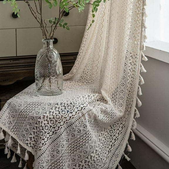 Farmhouse Crochet Curtains for Living Room,Vintage Rod Pocket Bohemian Curtains Geometry Striped Knitted Lace Light Filtering Curtains 62.99 inches Long for Bedroom Bay Kids,Beige