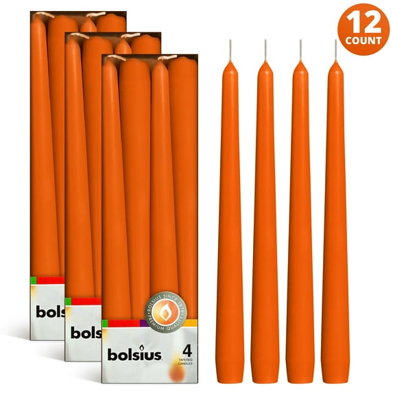 BOLSIUS 12 Orange Taper Candles - 10 Inch Unscented Smokeless, Dinner Candle Set - Premium European Quality - Dripless Wedding, Party, Home Decor 7.5 Hour Burn Time
