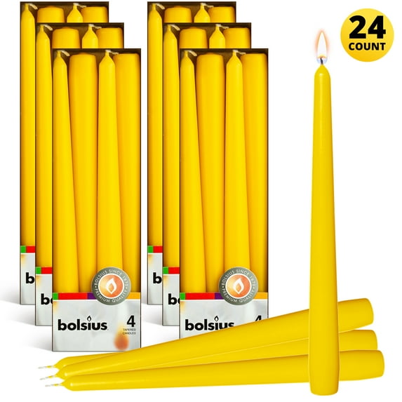 BOLSIUS 24 Tall Yellow Taper Candles -10 Inch Unscented Dinner Candle Set - Premium European Quality - Paraffin Wax with 100 % Cotton Wicks Summer Candles, Smokeless, Dripless, Home Decor Candlesticks