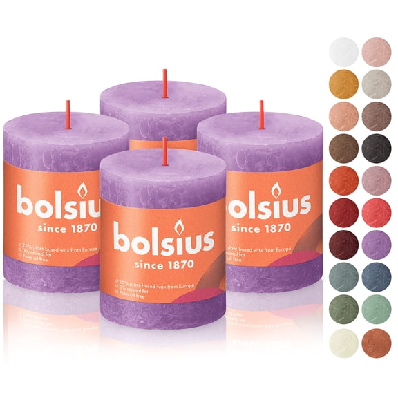 BOLSIUS 4 Pack Vibrant Violet (Purple) Rustic Pillar 2.75 X 3.25 inches - Premium European Quality - Includes Natural Plant-Based Wax - Unscented Dripless Smokeless 35 Hour Party Candles Y102