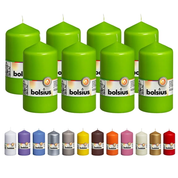 BOLSIUS 8 Lime Green Pillar Candles - 2.7x Inches - Premium European Quality - Individually Wrapped - 43 Hours Burn Time - Dripless & Smokeless - Unscented Dinner, Wedding & Restaurant Candles Y101