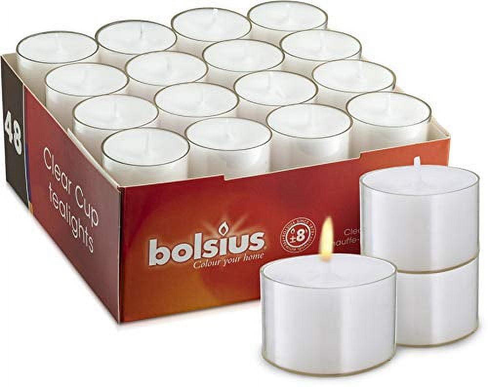 BOLSIUS Genuine Tea Light Candles in Clear Holder Cups Bulk 48 Set. Long Burning 8hr, Unscented, for Mood, Dinners, Parities, Home, Decoration, Wedding, Crafts