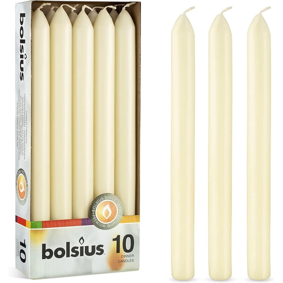 BOLSIUS Ivory Dinner Candles - 10 Pack Unscented 9 Inch Straight Taper Candle Set - 8 Hour Burn Time - Premium European Quality - Smokeless And Dripless Household, Spa, Wedding, And Party Candlestick